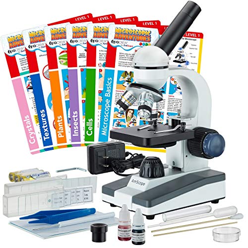 AmScope 40X-1000X Compound Monocular Student Microscope Set + Slide Preparation Kit + Science Experiment Cards