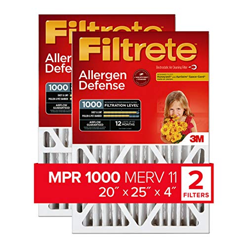 Filtrete 20x25x4, AC Furnace Air Filter, MPR 1000 DP, Micro Allergen Defense Deep Pleat, 2-Pack (exact dimensions 19.88 x 24.56 x 4.2)