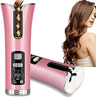 Automatic Curling Iron,Auto rotating ceramic hair curler,Latest High Performance LCD Temperature Display and Timer,portable USB Rechargeable Beach Waves Curling Iron Wand(Pink)