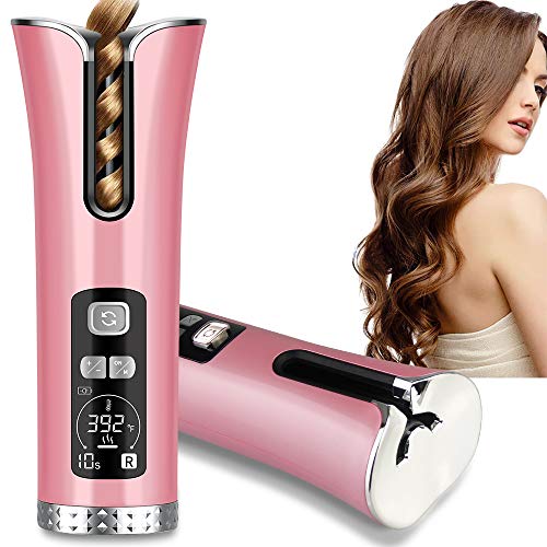 Automatic Curling Iron,Auto rotating ceramic hair curler,Latest High Performance LCD Temperature Display and Timer,portable USB Rechargeable Beach Waves Curling Iron Wand(Pink)