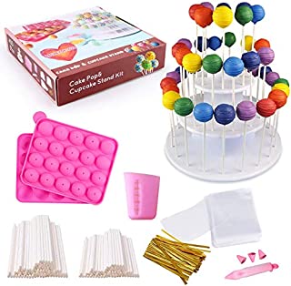 Cake Pop Maker Set with Pink Silicone Mold with 3 Tier Cakepop Display Stand Holder, Candy Chocolate Melting Cup, Lollipop Sticks, Decorating Pen, Treat Bags, Twist Ties