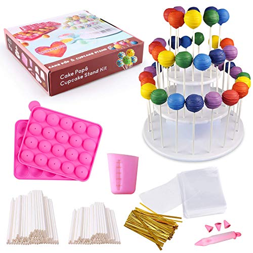 Cake Pop Maker Set with Pink Silicone Mold with 3 Tier Cakepop Display Stand Holder, Candy Chocolate Melting Cup, Lollipop Sticks, Decorating Pen, Treat Bags, Twist Ties