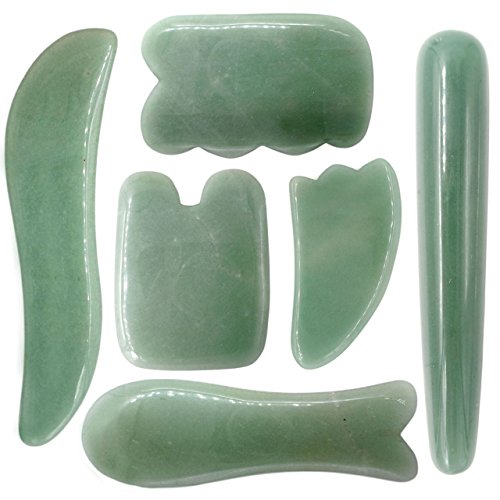 Domika Multi-Shape Handmade Green Aventurine Jade Gua Sha GuaSha Scraping Massage Tool Stone,Massage Wand Stick,Set of 6