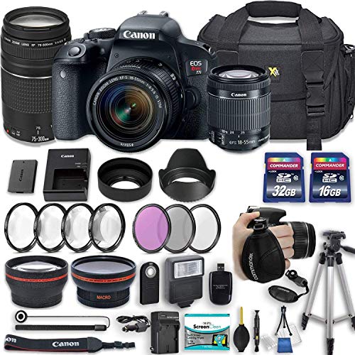 Canon EOS Rebel T7i 24.2 MP DSLR Camera with Canon EF-S 18-55mm f/4-5.6 is STM Lens + 75-300mm III Lens + 2 Memory Cards + 2 Aux Lenses + 50