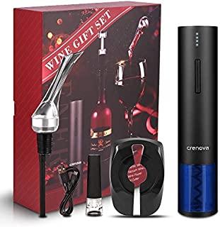 Crenova 4-in-1 Electronic Wine Opener, Rechargeable Automatic Corkscrew Wine Bottle Opener set with Wine Saver Pump, Wine Aerator and Wine Foil Cutter & USB Charging Cable, Elegant Black