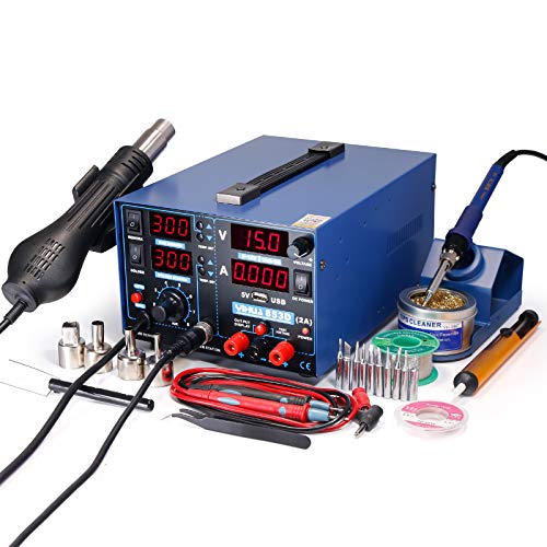 YIHUA 853D 2A USB SMD Hot Air Rework Soldering Iron Station, DC Power Supply 0-15V 0-2A with 5V USB Charging Port and 35 Volt DC Voltage Test Meter