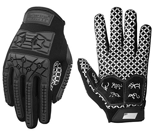 Seibertron Lineman 2.0 Padded Palm Football Receiver Gloves, Flexible TPR Impact Protection Back of Hand Glove Adult Sizes Black L