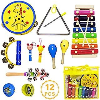 ToyerBee Musical Instruments Toys Set for Kids, 15PCS Wooden Percussion Instruments for Toddlers, Preschool& Educational Toy with StorageBag, Tambourine, Maracas, Castanets& More for Boys and Girls.