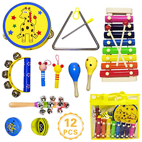 ToyerBee Musical Instruments Toys Set for Kids, 15PCS Wooden Percussion Instruments for Toddlers, Preschool& Educational Toy with StorageBag, Tambourine, Maracas, Castanets& More for Boys and Girls.