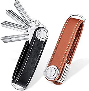 2 Sets Leather Key Organizer Compact Key Holder Folding Pocket Key Holder up to 16 Keys (Black, Brown)