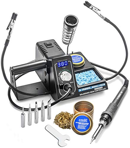 X-Tronic Model #3020 Digital LED 75 Watt Soldering Iron Station - 10 Minute Sleep Function, Auto Cool Down, C/F Switch, Solder Holder, Brass Tip Cleaner w/Cleaning Flux (Deluxe - 5 Extra Solder Tips)