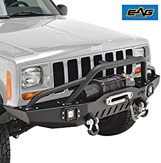 EAG Front Bumper with LED Lights and Winch Plate Steel Fit for 84-01 Jeep Cherokee XJ/Jeep Comanche MJ