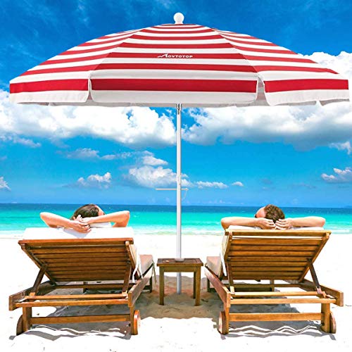 MOVTOTOP Beach Umbrella, 6.5ft Beach Umbrella with Sand Anchor & Tilt Mechanism, Portable UV 50+ Protection Beach Umbrella with Carry Bag for Patio Garden Beach Outdoor (Red/White)