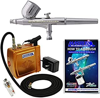 Master Airbrush Multi-Purpose Gold Airbrushing System Kit with Portable Mini Air Compressor - Gravity Feed Dual-Action Airbrush, Hose, How-To-Airbrush Guide Booklet - Hobby, Cake Decorating, Tattoo