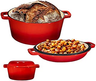 2 in 1 Enameled Cast Iron Double Dutch Oven & Skillet Lid, 5-Quart, Fire Red - Induction, Electric, Gas & In Oven Compatible