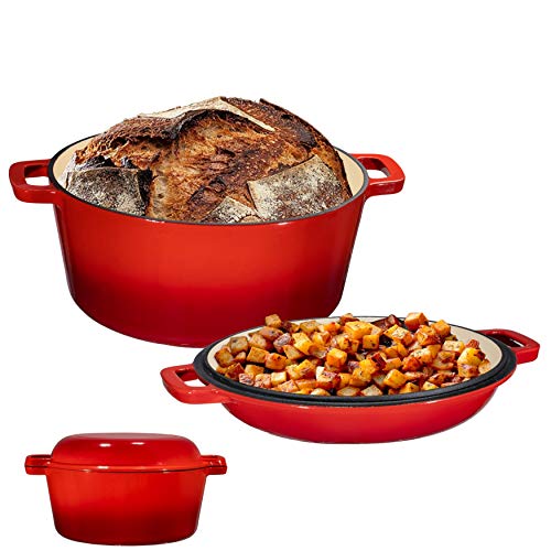 2 in 1 Enameled Cast Iron Double Dutch Oven & Skillet Lid, 5-Quart, Fire Red - Induction, Electric, Gas & In Oven Compatible