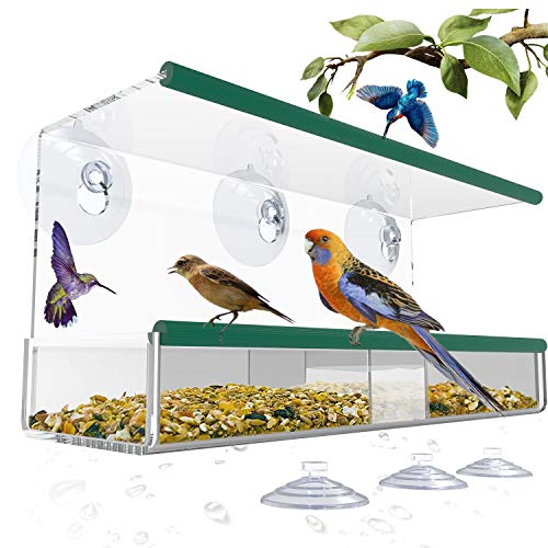 Bird Feeders for Outside, Window Bird Feeder with 3 Extra Strong Suction Cups and Seed Tray, Squirrel Proof Bird Feeders for Finch, Cardinal, Bluebird, Bird Feeder Large Outside Hanging Birdhouse Kits