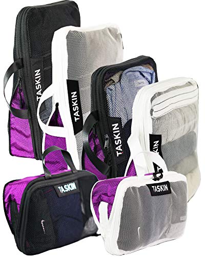 NEW | Taskin Air | Ultralight Clear-View Compression Packing Cubes with Double Zipper | Premium Materials | Genuine YKK Zippers (Black & White | 2XL + 2L + 2M)