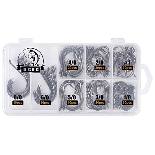 UCEC 150pcs/box Circle Hooks 2X Strong Customized Offset Sport Circle Hooks Black High Carbon Steel Octopus Fishing Hooks - Size:#1 1/0 2/0 3/0 4/0 5/0 6/0 8/0