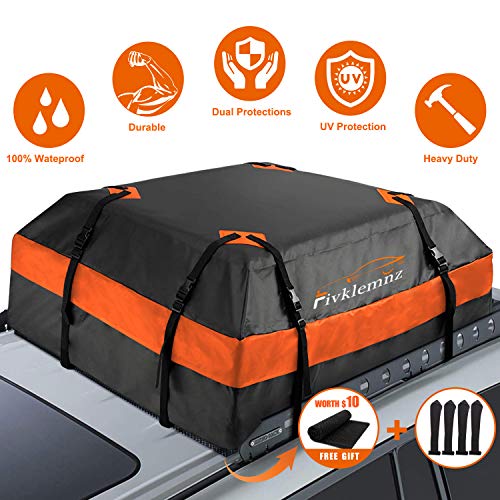 FIVKLEMNZ Car Roof Bag Cargo Carrier, 15 Cubic Feet Waterproof Rooftop Cargo Carrier with Anti-Slip Mat + 8 Reinforced Straps + 4 Door Hooks Suitable for All Vehicle with/Without Rack