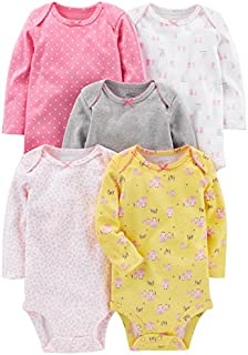 Simple Joys by Carter's Baby Girls' 5-Pack Long-Sleeve Bodysuit, Pink, Gray, White, Yellow, 0-3 Months