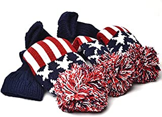 GOOACTION 3PCS Knitted Golf Head Covers 1-3-5 for Driver and Fairway Woods with Long Neck Design Vintage Red Stars and Stripes American Flag Sock Pom Pom Golf Club Patriotic Headcovers Set