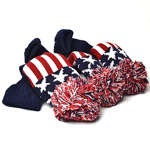 GOOACTION 3PCS Knitted Golf Head Covers 1-3-5 for Driver and Fairway Woods with Long Neck Design Vintage Red Stars and Stripes American Flag Sock Pom Pom Golf Club Patriotic Headcovers Set