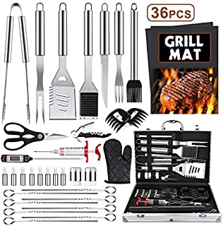 LUYATA 36PCS BBQ Grill Accessories Tools Set, Stainless Steel Grilling Barbecue Tool Kit with Aluminum Case, 2 Grill Mats and Meat Injector for Backyard Outdoor Camping Birthday Party