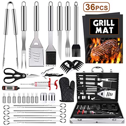 LUYATA 36PCS BBQ Grill Accessories Tools Set, Stainless Steel Grilling Barbecue Tool Kit with Aluminum Case, 2 Grill Mats and Meat Injector for Backyard Outdoor Camping Birthday Party