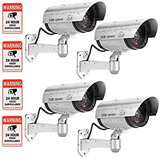 Fake Camera, FITNATE Dummy Camera CCTV Surveillance System with LED Red Flashing Light with 4 Safety Warning Stickers, Fake Security Camera for Outdoor & Indoor Use (4 Packs, Silver)