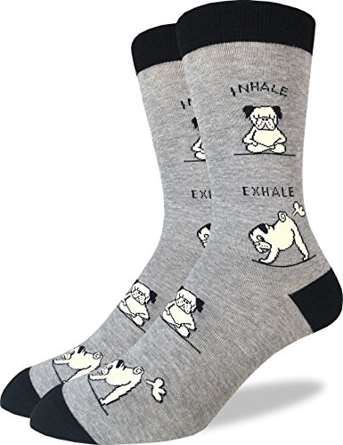 Good Luck Sock Men's Yoga Pug Crew Socks - Grey, Adult Shoe Size 7-12