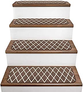 House, Home and More Set of 15 Skid-Resistant Carpet Stair Treads  Diamond Trellis Lattice  Coffee Brown & Vanilla Cream  9 Inches X 36 Inches