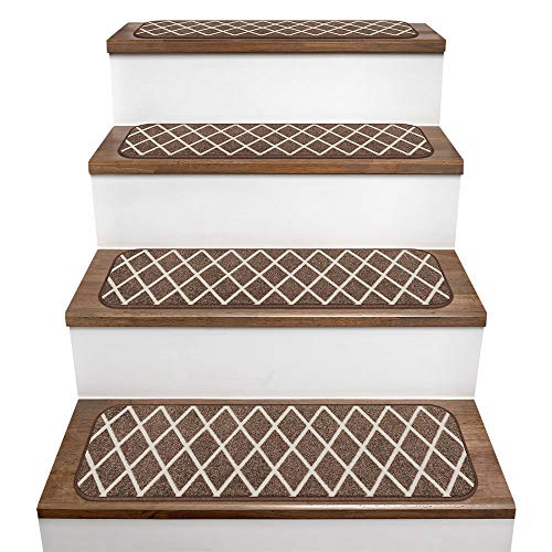 House, Home and More Set of 15 Skid-Resistant Carpet Stair Treads  Diamond Trellis Lattice  Coffee Brown & Vanilla Cream  9 Inches X 36 Inches