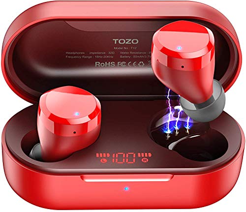 TOZO T12 Wireless Earbuds Bluetooth Headphones Premium Fidelity Sound Quality Wireless Charging Case Digital LED Intelligence Display IPX8 Waterproof Earphones Built-in Mic Headset for Sport Red