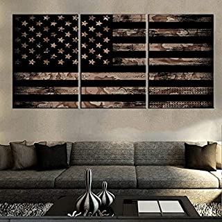 House Decorations Living Room Native American Flag Pictures Thin Black Line Artwork Patriotic Paintings 3 Panel Prints on Canvas Vintage Wall Art Framed Gallery-Wrapped Ready to Hang(60''Wx28''H)