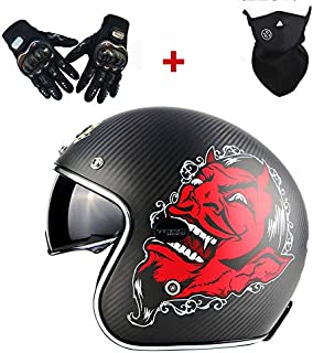 Wuxie Carbon Fiber Motorcycle Open Face Helmet, Personality Retro Motorcycle Chopper Bike Helmet with Gloves/Mask/Sun Visor(Red Face Monster),M