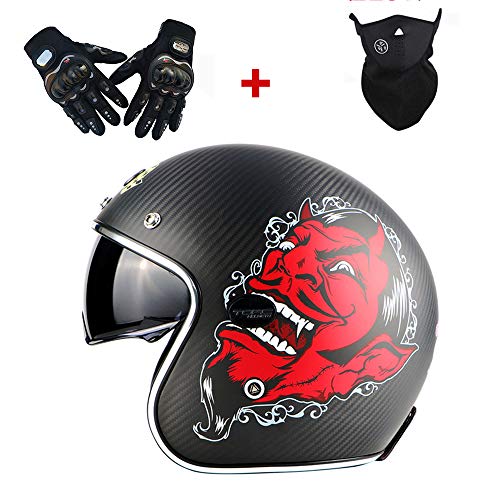 Wuxie Carbon Fiber Motorcycle Open Face Helmet, Personality Retro Motorcycle Chopper Bike Helmet with Gloves/Mask/Sun Visor(Red Face Monster),M