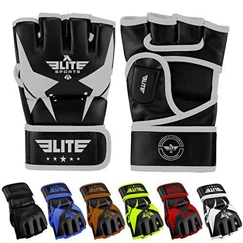 Elite Sports MMA UFC Gloves for Men, Women, and Kids, Best Mixed Martial Arts Sparring Training Grappling Fighting Gloves (Silver/Black, Small)