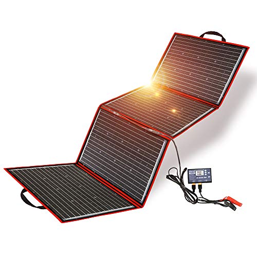 DOKIO 220 Watts Monocrystalline Foldable Solar Panel with Charge Controller with Dual USB Outputs (Lightweight 9lb) to Charge 12 Volts Batteries (All Lead/Acid Types: Vented AGM Gel) RV Camping