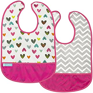 Kushies Cleanbib Waterproof Feeding Bib with Catch All/Crumb Catcher Pocket. Wipe Clean and Reuse! Lightweight for Comfort, 2-Pack, Baby Girls, 6-12 Months, White Doodle Hearts/Fuchsia Chevron