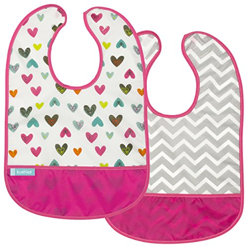 Kushies Cleanbib Waterproof Feeding Bib with Catch All/Crumb Catcher Pocket. Wipe Clean and Reuse! Lightweight for Comfort, 2-Pack, Baby Girls, 6-12 Months, White Doodle Hearts/Fuchsia Chevron