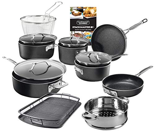 GRANITESTONE Stackmaster 15 Piece Induction-compatible, Nonstick Cookware Set, Scratch-Resistant, Granite-coated Anodized Aluminum, Dishwasher-Safe, PFOA-Free As Seen On TV