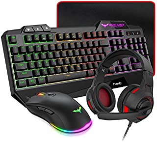 HAVIT Gaming Keyboard Mouse Headset & Mouse Pad Kit, Rainbow LED Backlit Wired, Over Ear Headphone with Mic for PC, Computer, Xbox ONE & PS4, Tablet, Mobile Phones