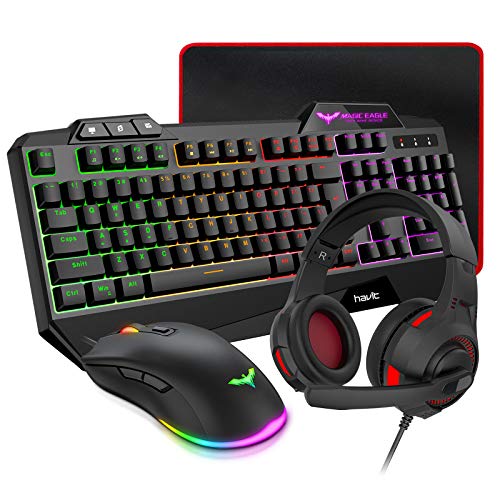 HAVIT Gaming Keyboard Mouse Headset & Mouse Pad Kit, Rainbow LED Backlit Wired, Over Ear Headphone with Mic for PC, Computer, Xbox ONE & PS4, Tablet, Mobile Phones