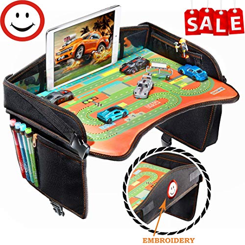 Coolmum Kids Travel Tray, Toddler Car Seat Tray, Activity Organizer, Snack Lap Tray, Baby Stroller Tray, Airplane Play Table, Waterproof and Foldable (Premium Black)