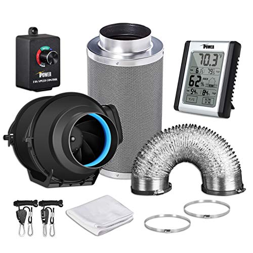 iPower GLFANXEXPSET4D8CHUMD 4 Inch 150 CFM Inline Carbon Filter 8 Feet Ducting with Fan Speed Controller and Temperature Humidity Monitor and Grow Tent Ventilation, 4