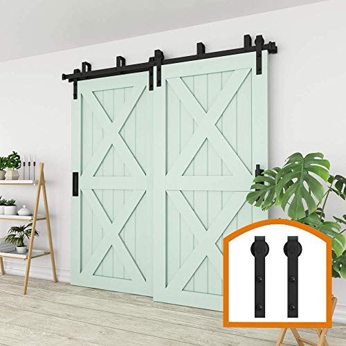 ZEKOO New Style 5 FT - 16 FT Bypass Sliding Barn Door Hardware Steel Track for Double Wooden Doors Closet Kitchen Kit (5FT New Style Bypass kit) Low Ceiling