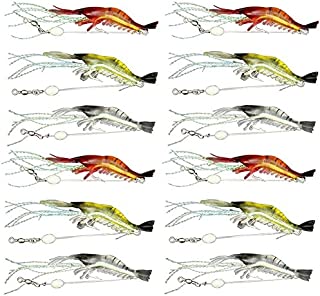 Soft Fishing Luminous Shrimp Lure with Hook Swivel Artificial Silicone Fishing Bait for Freshwater Saltwater Bass Trout Catfish Salmon (12pcs)