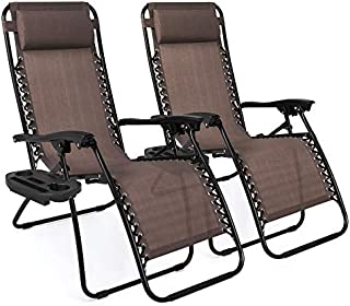 Best Choice Products Set of 2 Adjustable Steel Mesh Zero Gravity Lounge Chair Recliners w/Pillows and Cup Holder Trays, Brown