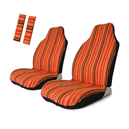 Copap 4pc Universal Orange Stripe Colorful Front Seat Cover Baja Bucket with Seat-Belt Pad Protect for Car, SUV & Truck (2 seat Covers+2 seat Belt Covers)